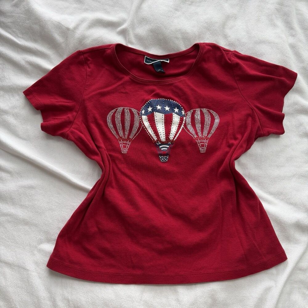 Karen Scott Women's Red Patriotic Rhinestone Short Sleeve T-Shirt PXL